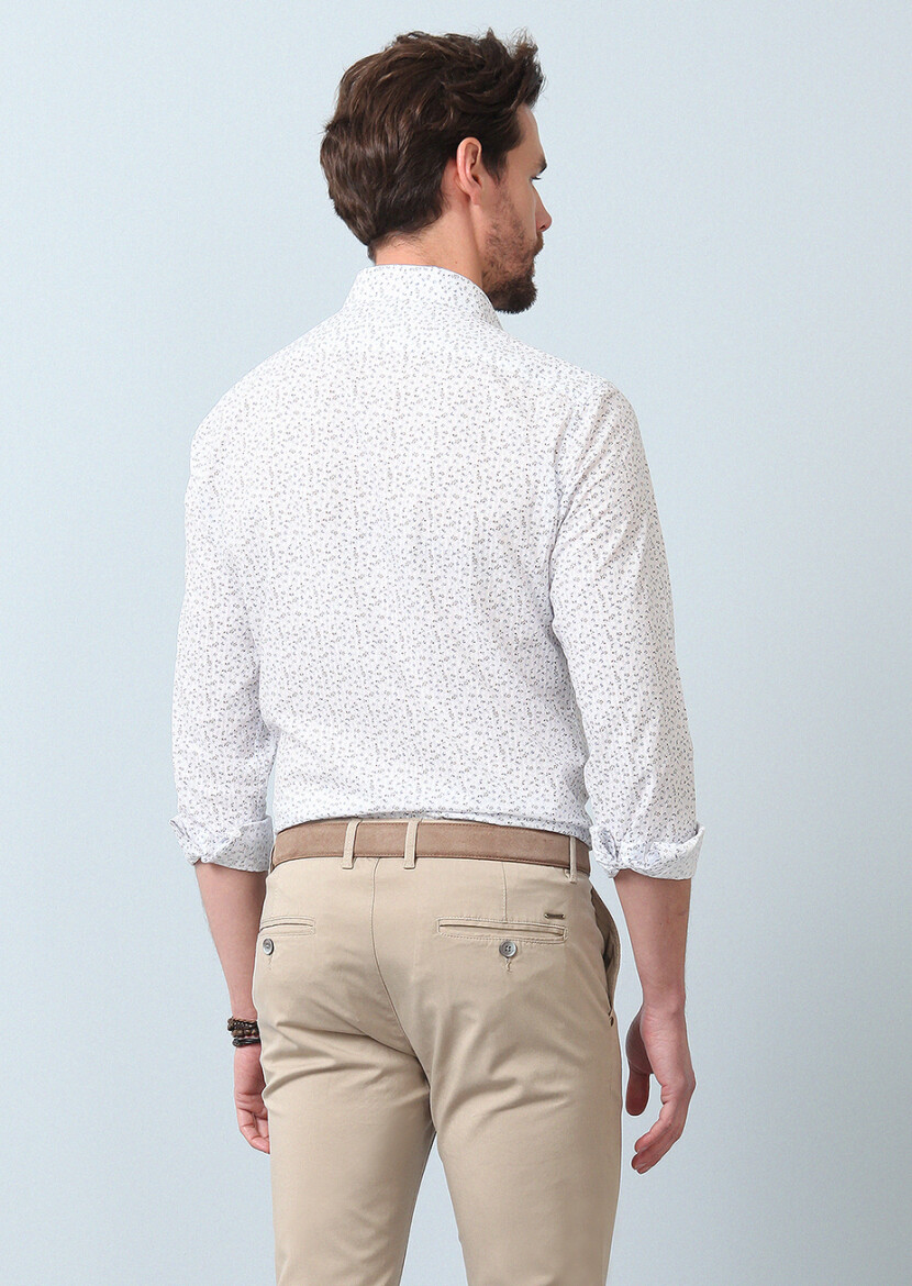 Kahverengi Baskılı Slim Fit Uzun Dokuma Casual %100 Pamuk Gömlek - 6