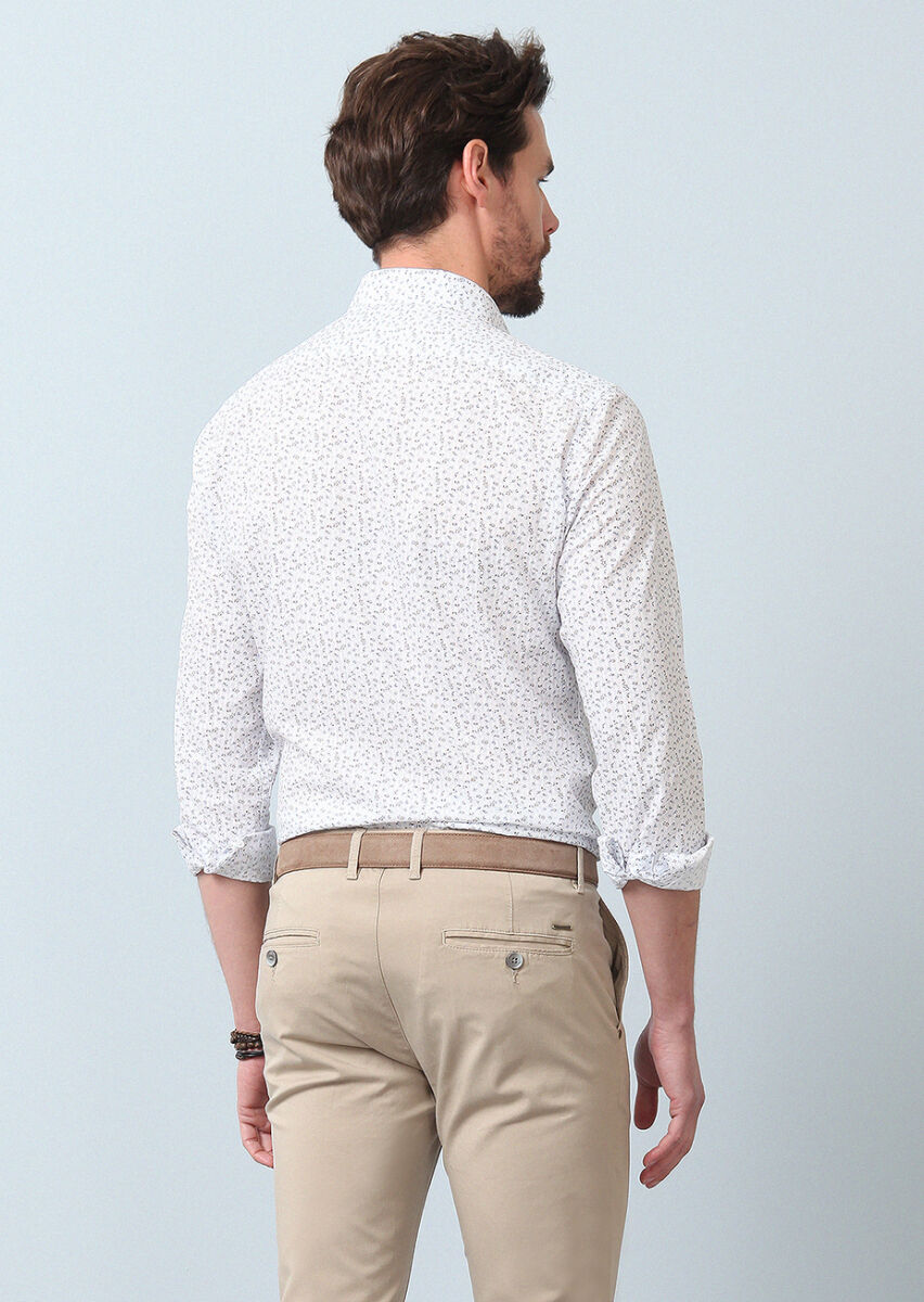 Kahverengi Baskılı Slim Fit Uzun Dokuma Casual %100 Pamuk Gömlek - 6
