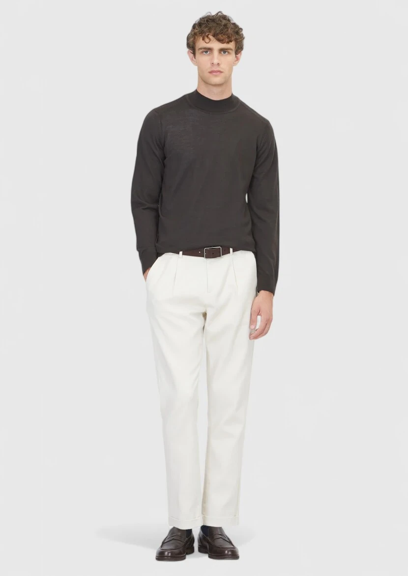 Kahverengi Bato Yaka Düz Örgü Yün Karışımlı Triko Kazak - RAMSEY