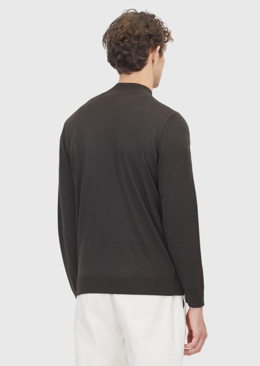 Kahverengi Bato Yaka Düz Örgü Yün Karışımlı Triko Kazak - 5