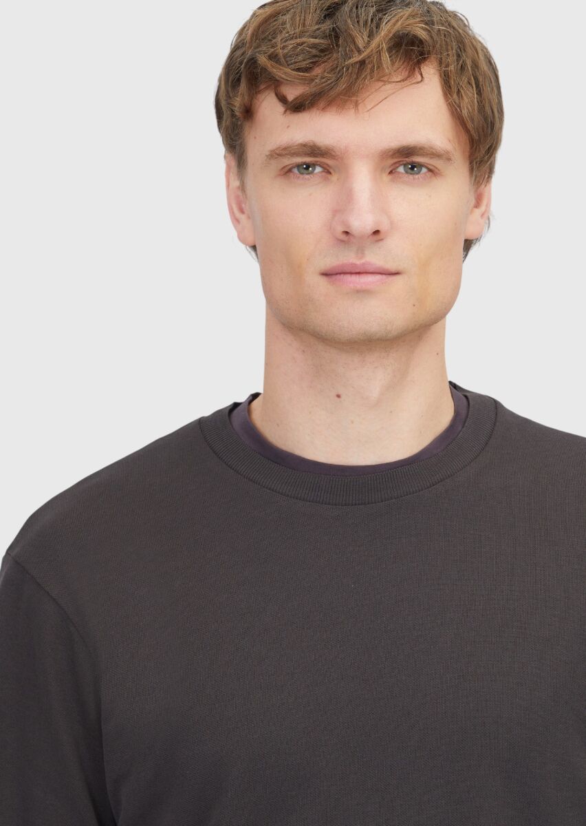 Kahverengi Bisiklet Yaka Düz Sweatshırt - 3