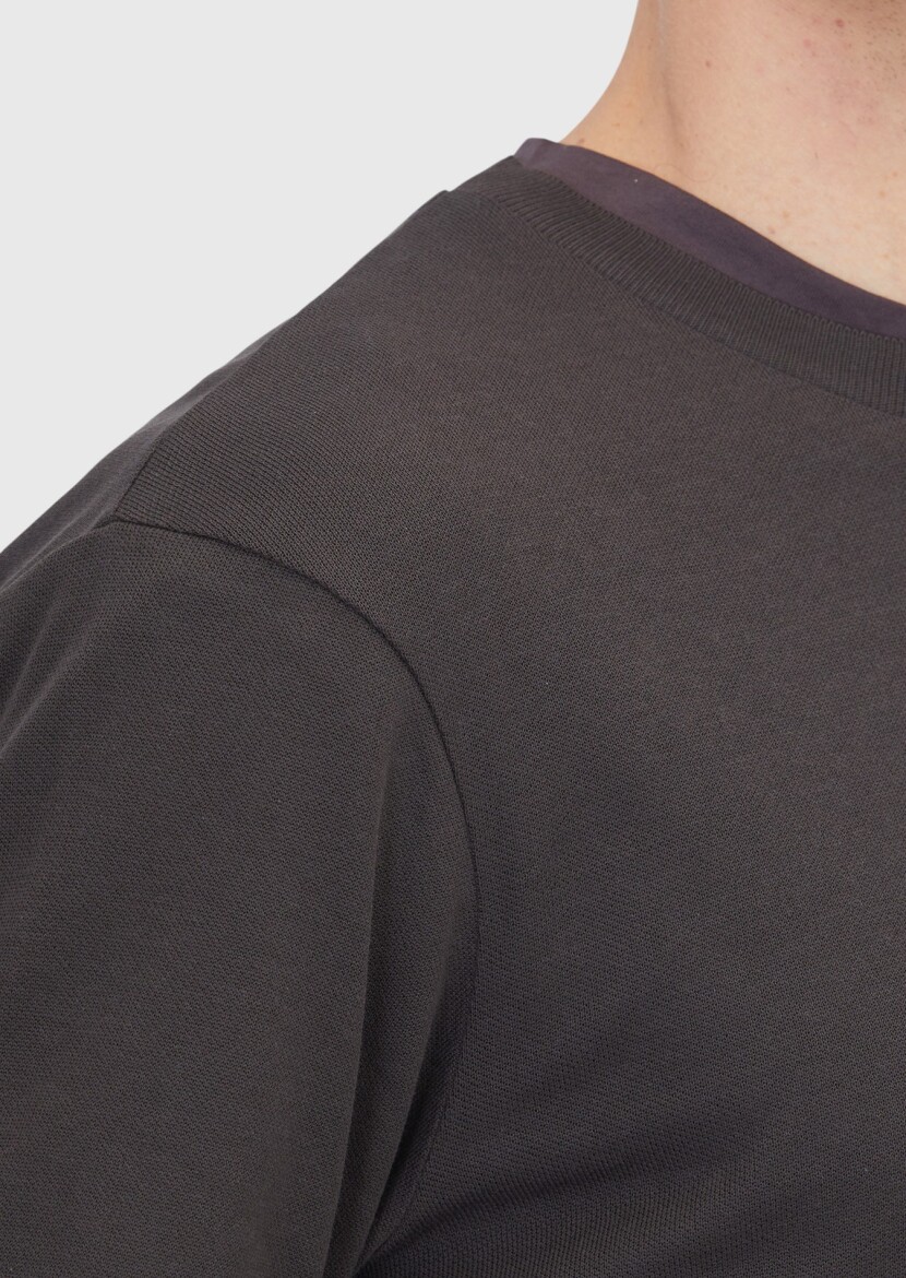 Kahverengi Bisiklet Yaka Düz Sweatshırt - 4