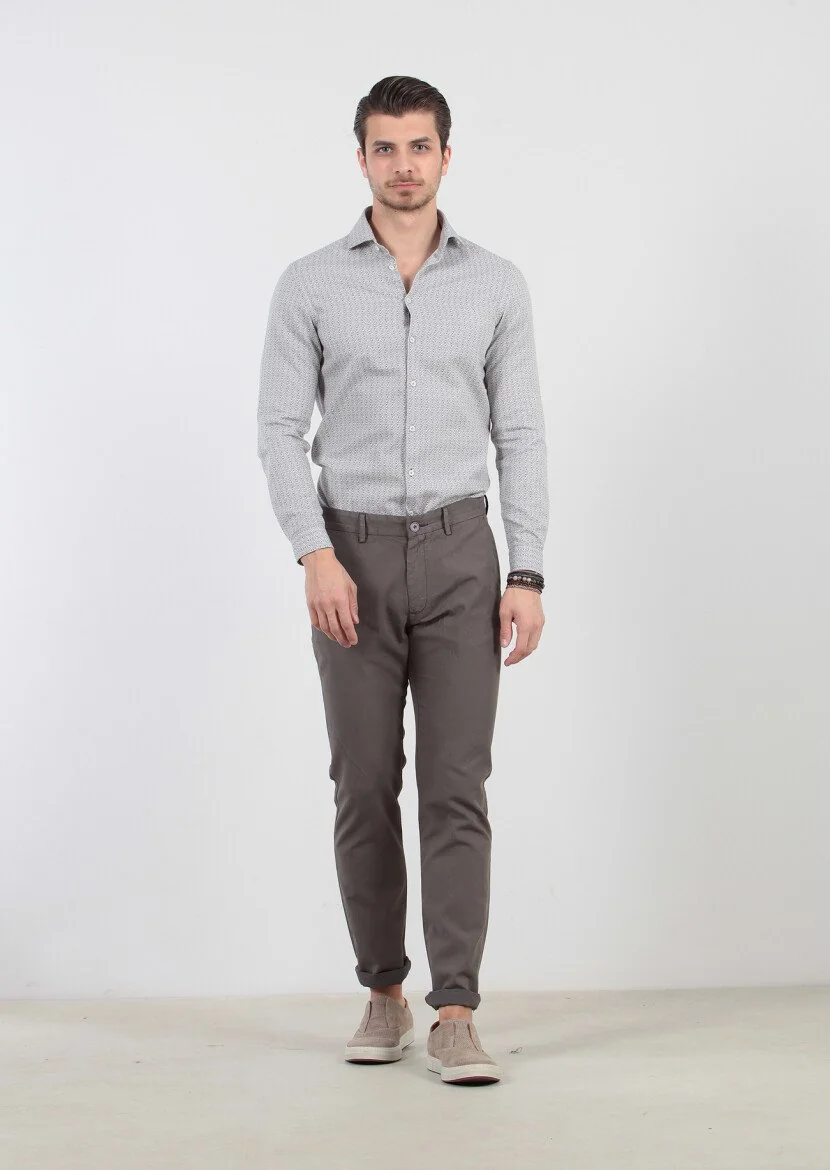 Kahverengi Çizgili Dokuma Regular Fit Casual %100 Pamuk Pantolon - 1