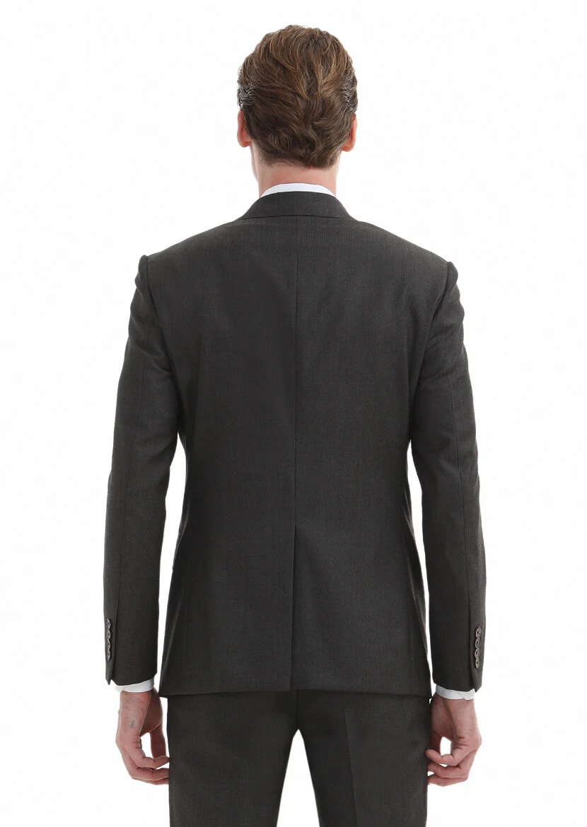 Kahverengi Çizgili Modern Fit %100 Yün Takım Elbise - 5