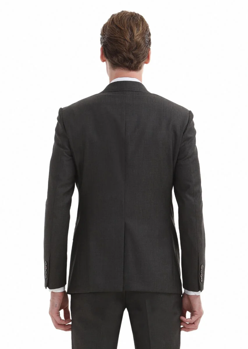 Kahverengi Çizgili Modern Fit %100 Yün Takım Elbise - 5