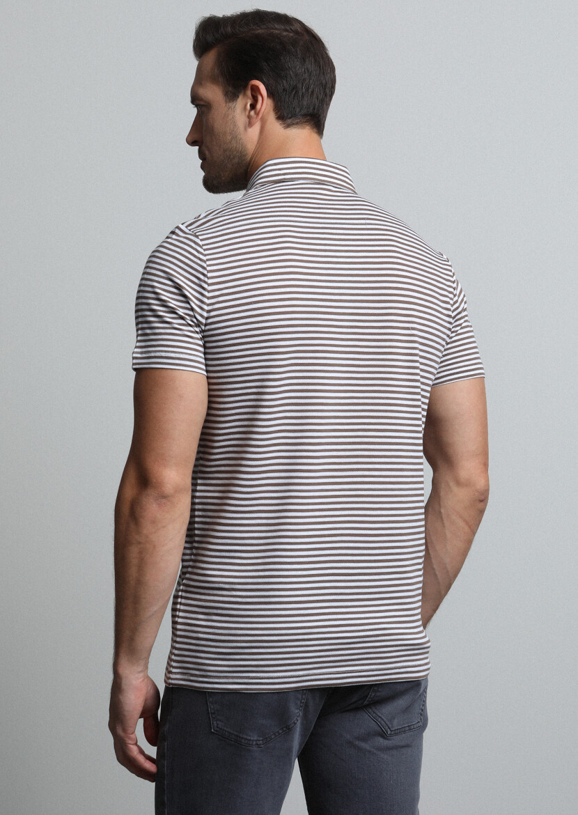 Kahverengi Çizgili Polo Yaka %100 Pamuk T-Shirt - 4