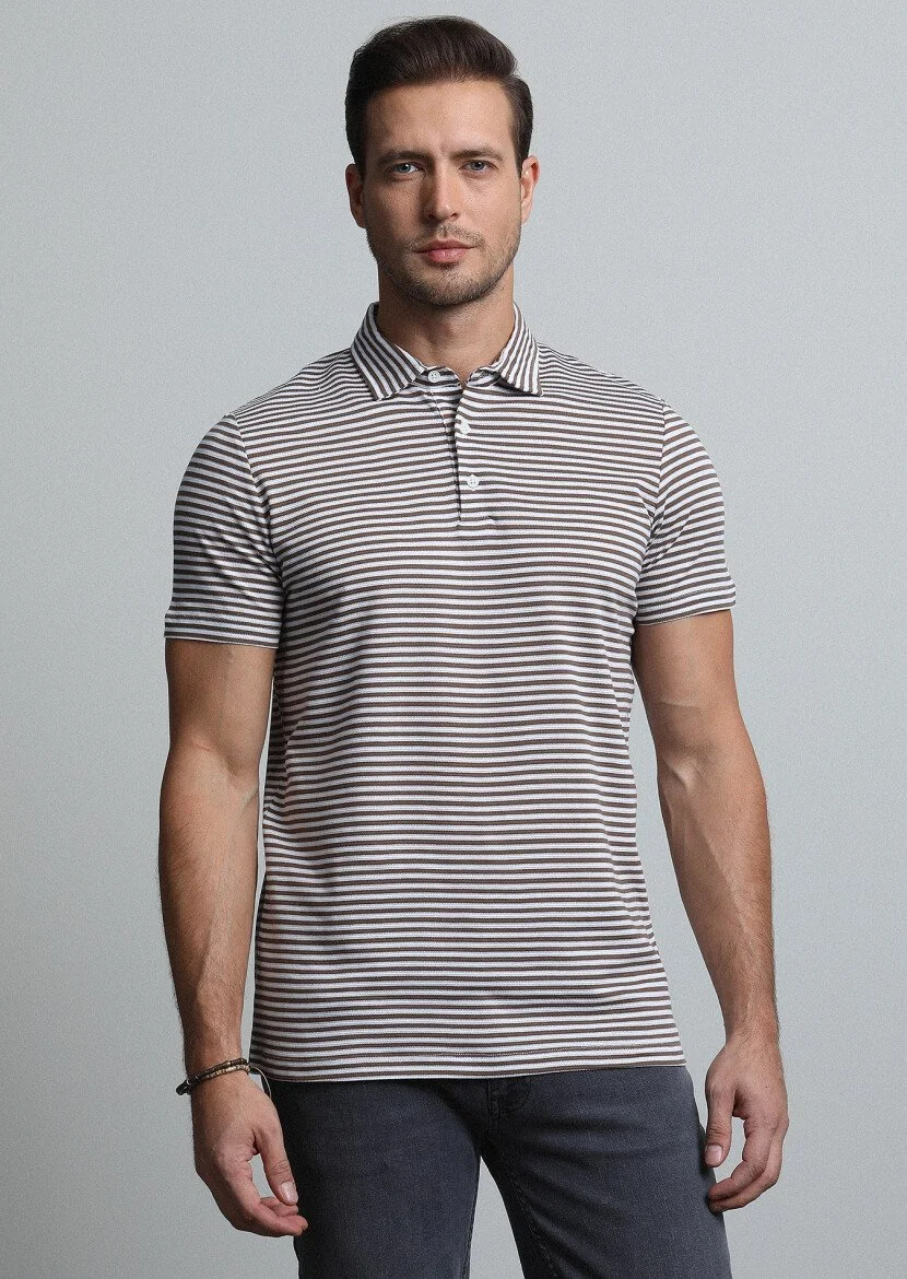 Kahverengi Çizgili Polo Yaka %100 Pamuk T-Shirt - 1