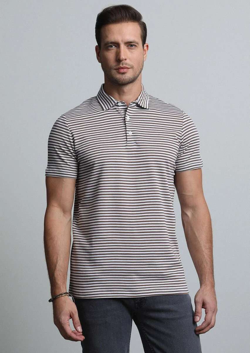 Kahverengi Çizgili Polo Yaka %100 Pamuk T-Shirt - 1