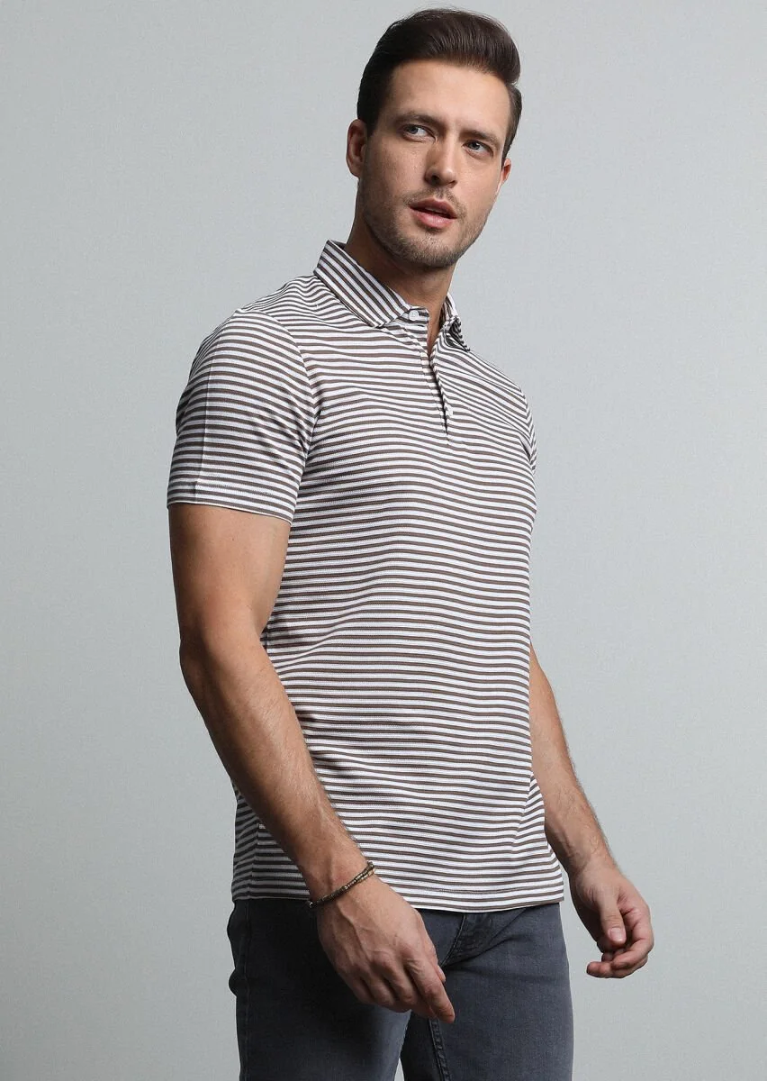 Kahverengi Çizgili Polo Yaka %100 Pamuk T-Shirt - 3