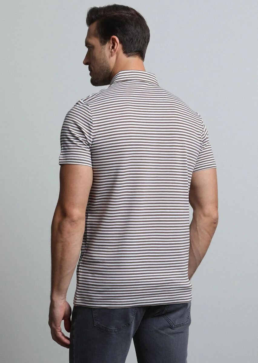 Kahverengi Çizgili Polo Yaka %100 Pamuk T-Shirt - 5