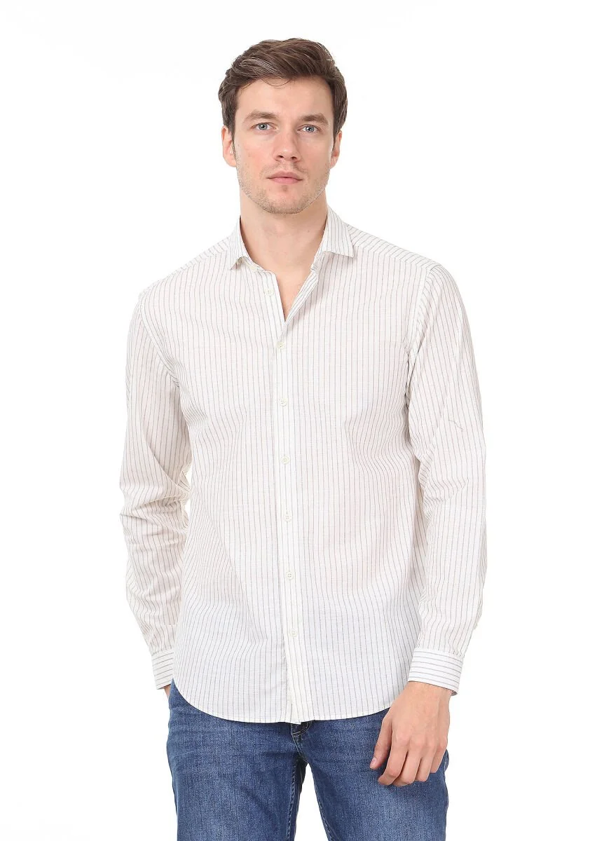 Kahverengi Çizgili Regular Fit Dokuma Casual %100 Pamuk Gömlek - 1