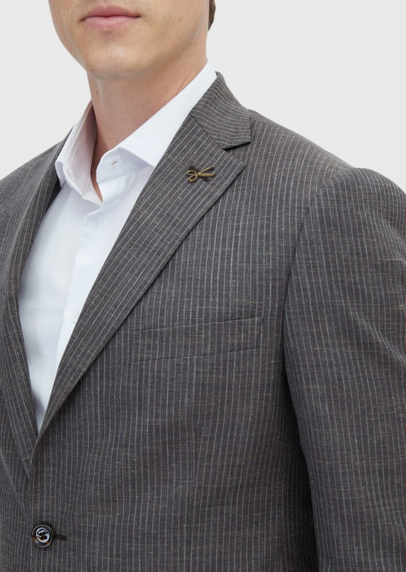 Kahverengi Çizgili Regular Fit İpek Karışımlı Takım Elbise - 4