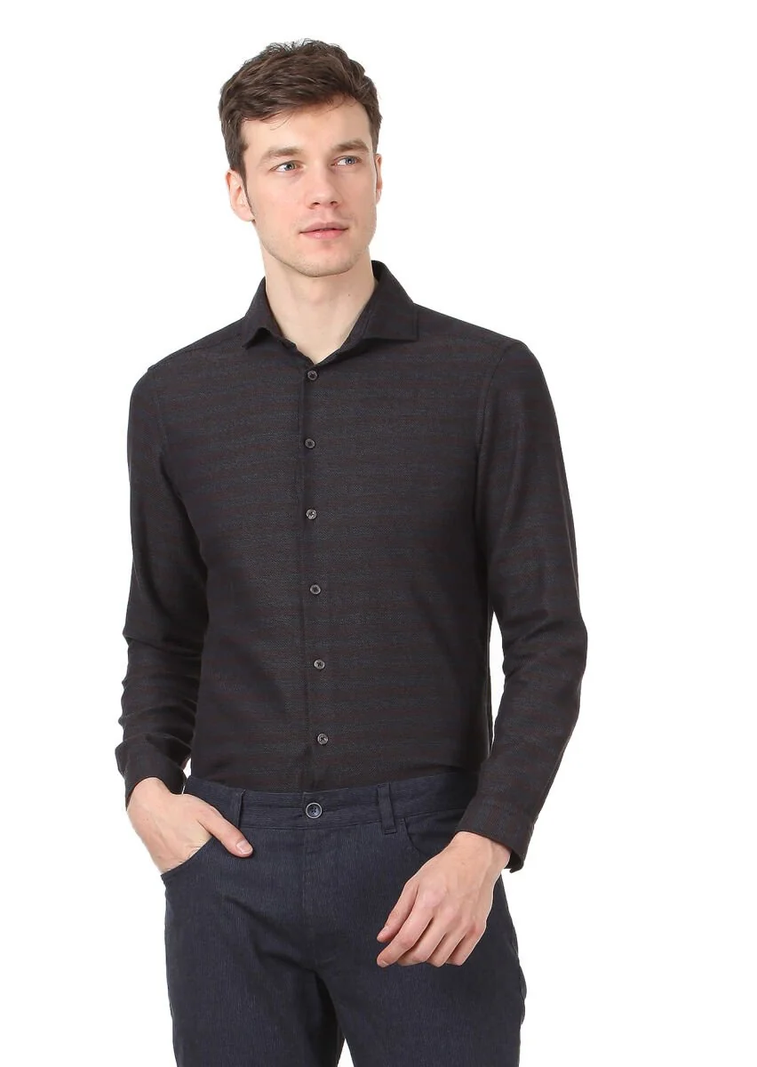 Kahverengi Çizgili Slim Fit Dokuma Casual %100 Pamuk Gömlek - 1