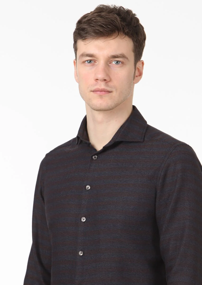 Kahverengi Çizgili Slim Fit Dokuma Casual %100 Pamuk Gömlek - 2
