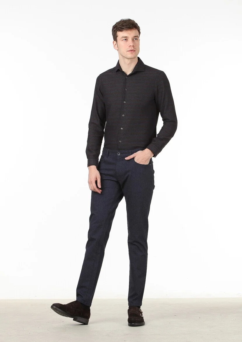 Kahverengi Çizgili Slim Fit Dokuma Casual %100 Pamuk Gömlek - 3