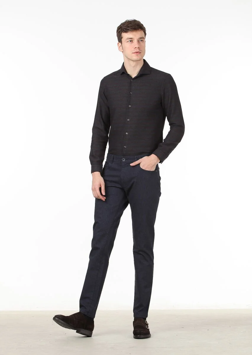 Kahverengi Çizgili Slim Fit Dokuma Casual %100 Pamuk Gömlek - 3