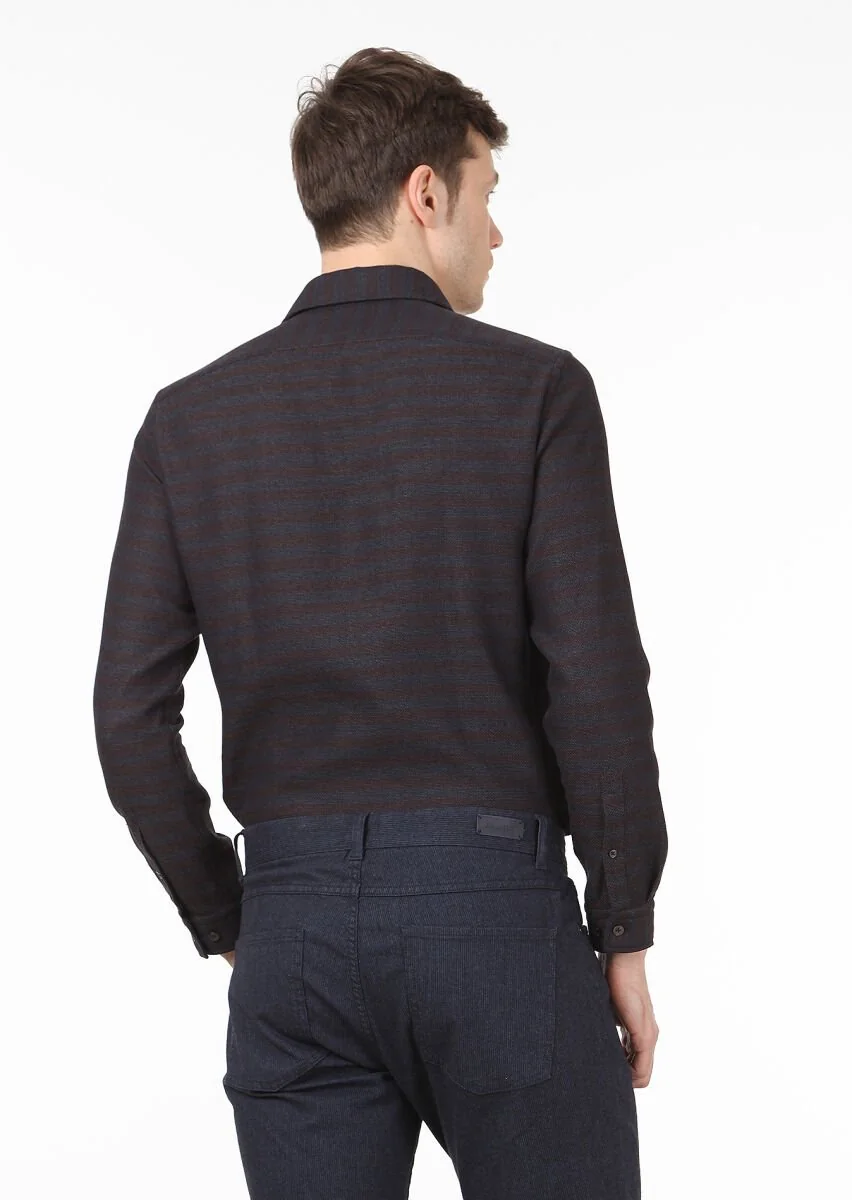 Kahverengi Çizgili Slim Fit Dokuma Casual %100 Pamuk Gömlek - 4