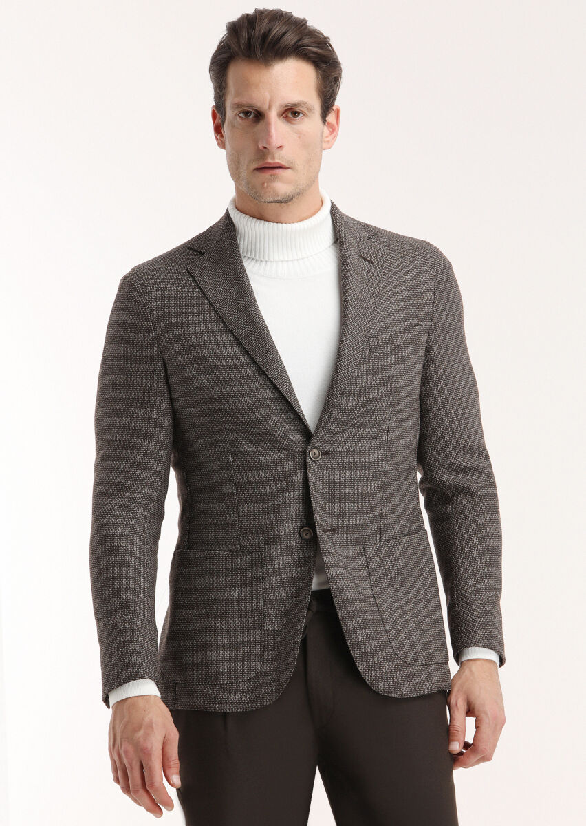 Kahverengi Desenli Comfort Fit %100 Yün Ceket - 2