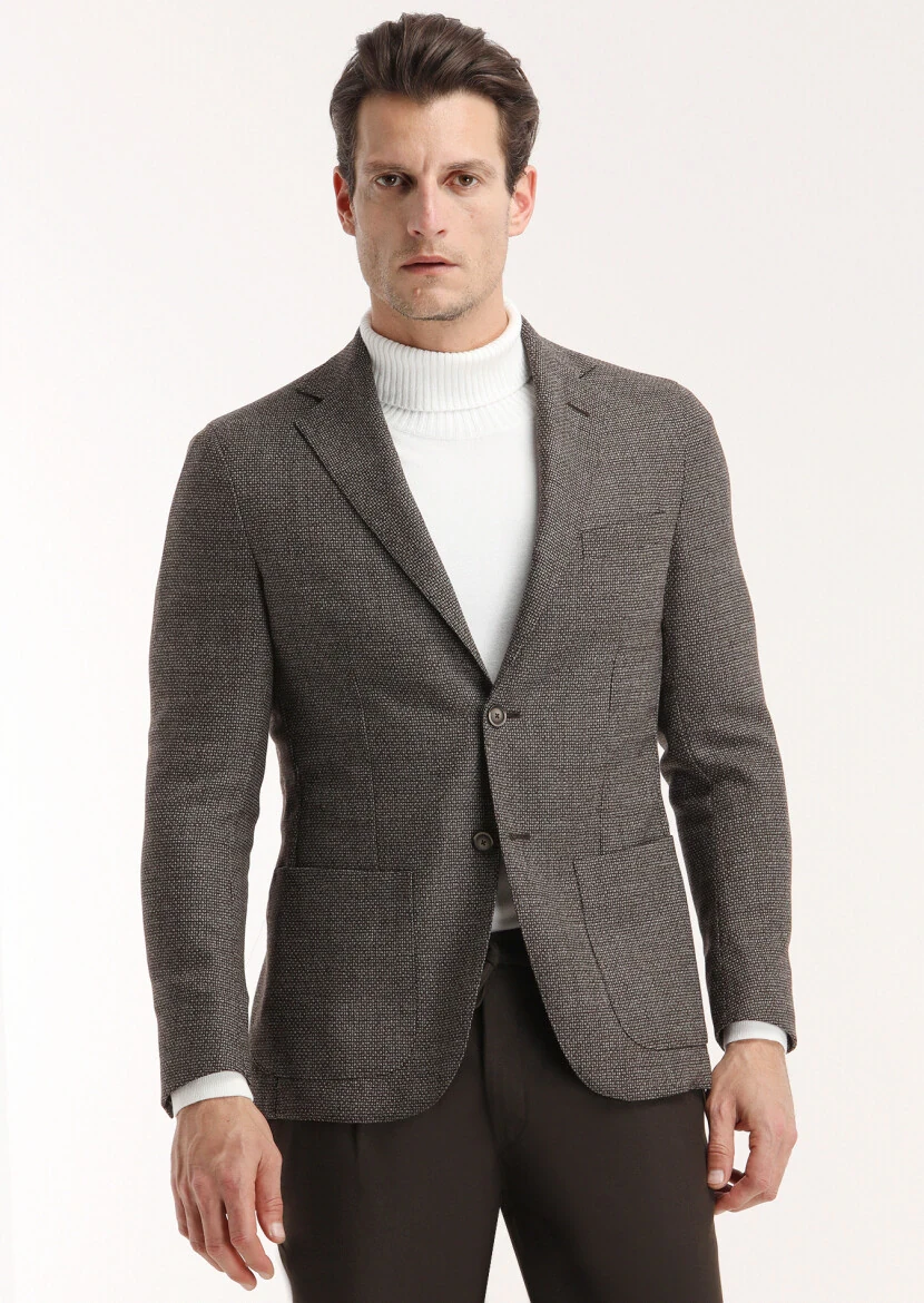 Kahverengi Desenli Comfort Fit %100 Yün Ceket - 3