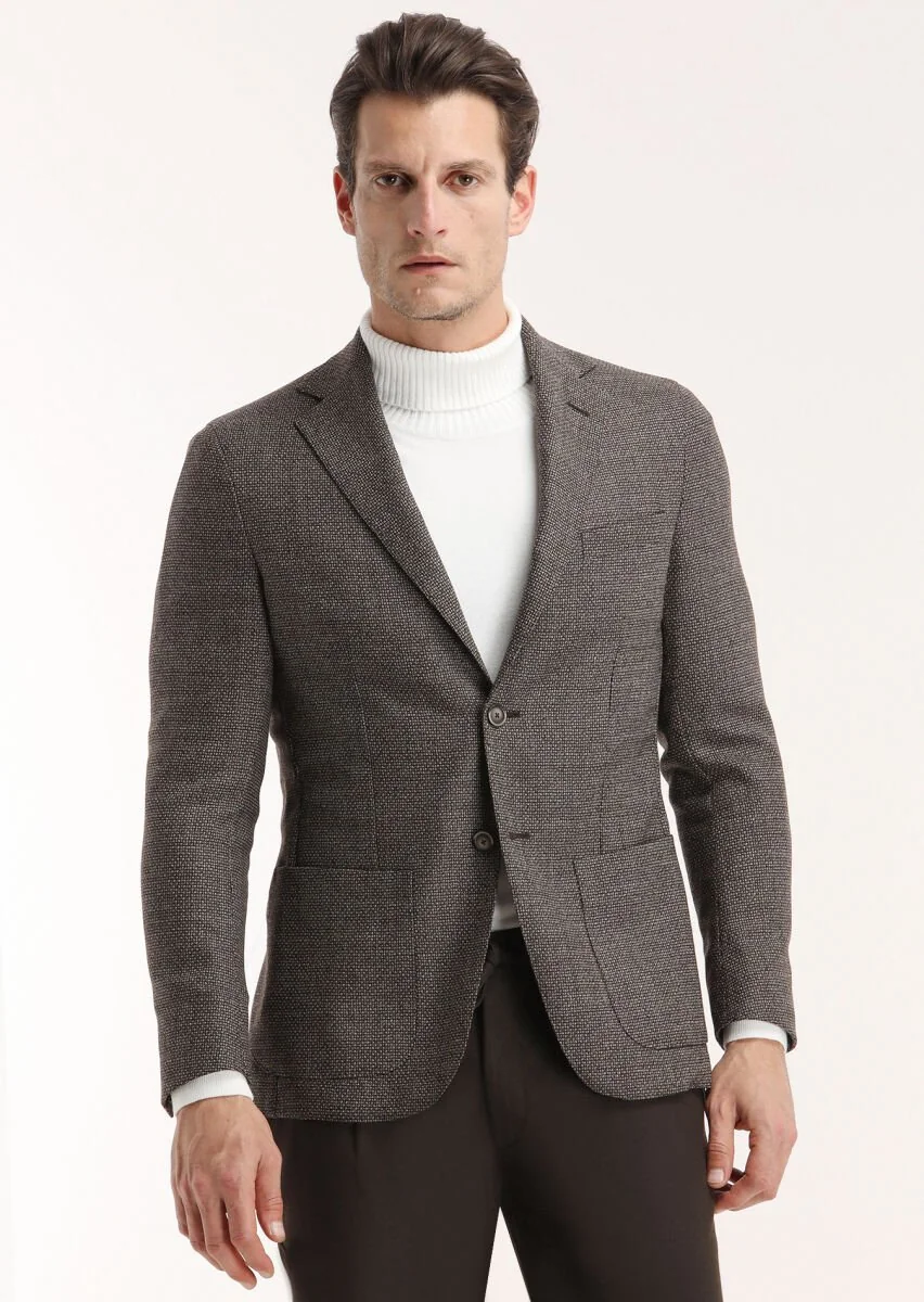 Kahverengi Desenli Comfort Fit %100 Yün Ceket - 3