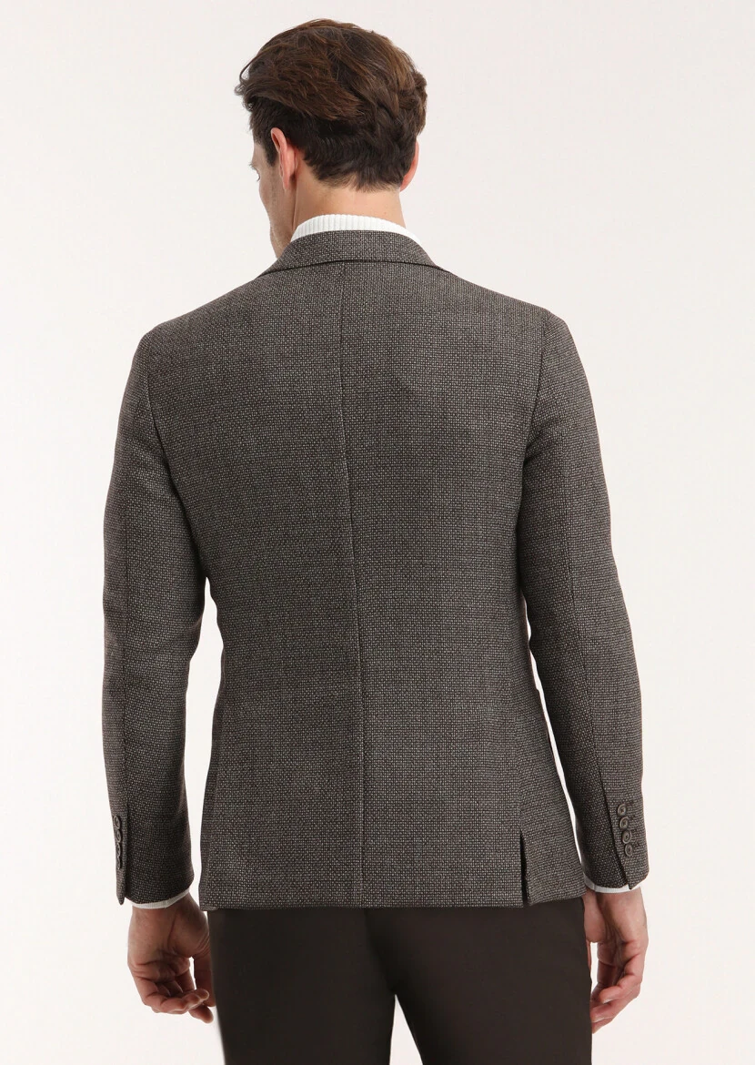 Kahverengi Desenli Comfort Fit %100 Yün Ceket - 4