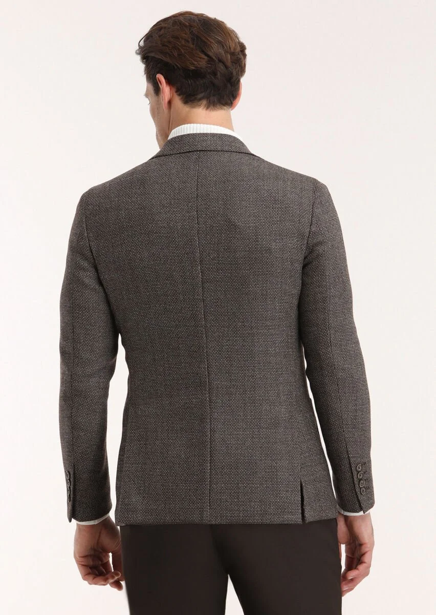Kahverengi Desenli Comfort Fit %100 Yün Ceket - 4
