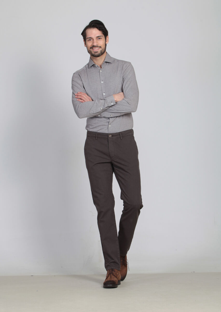 Kahverengi Desenli Dokuma Regular Fit Casual Pamuk Karışımlı Pantolon - 1
