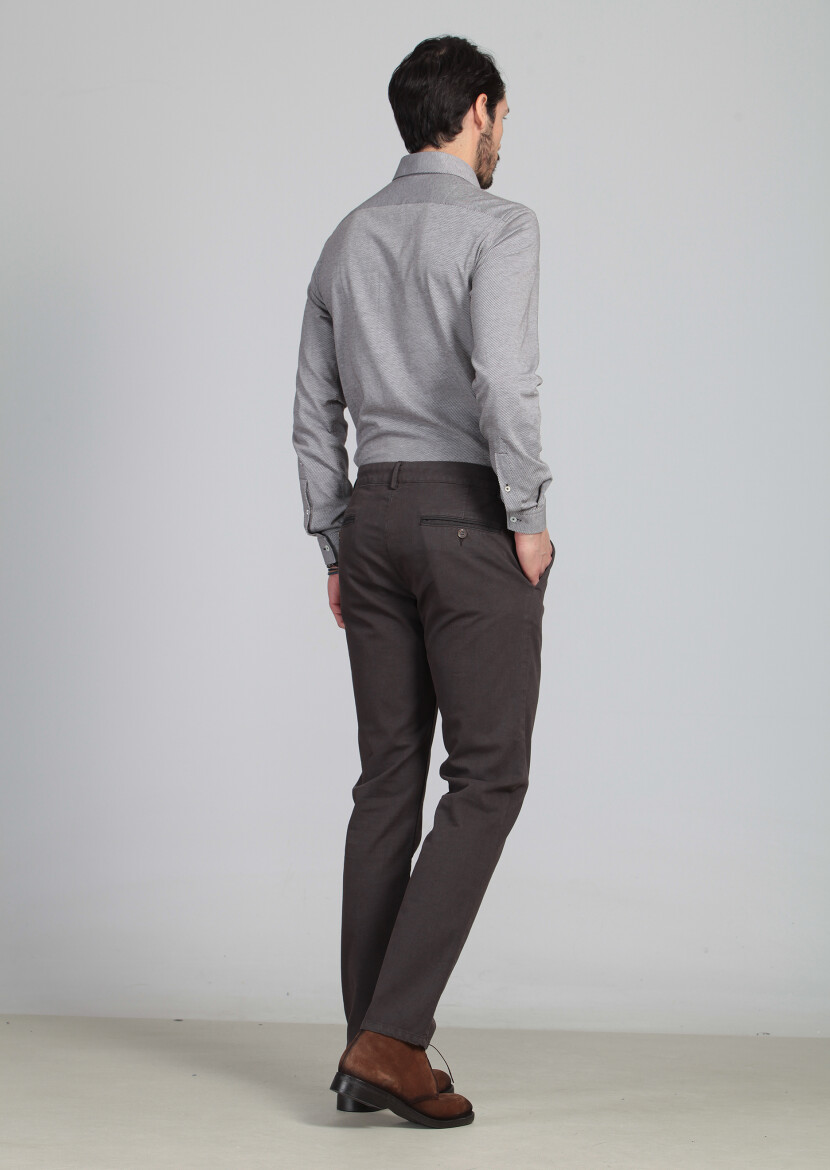 Kahverengi Desenli Dokuma Regular Fit Casual Pamuk Karışımlı Pantolon - 3
