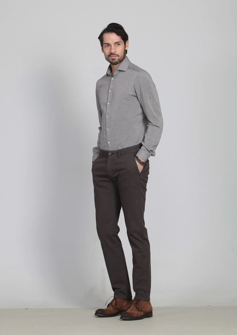 Kahverengi Desenli Dokuma Regular Fit Casual Pamuk Karışımlı Pantolon - 3