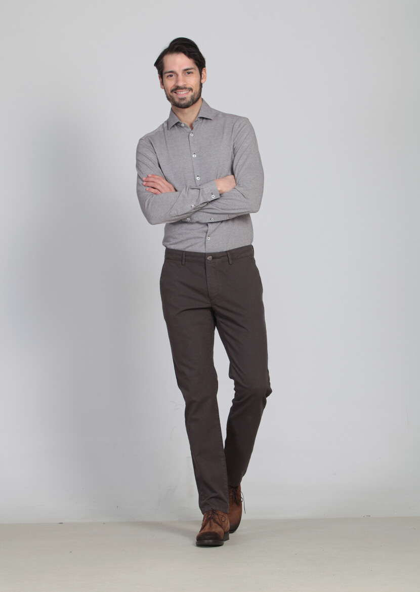 Kahverengi Desenli Dokuma Regular Fit Casual Pamuk Karışımlı Pantolon 