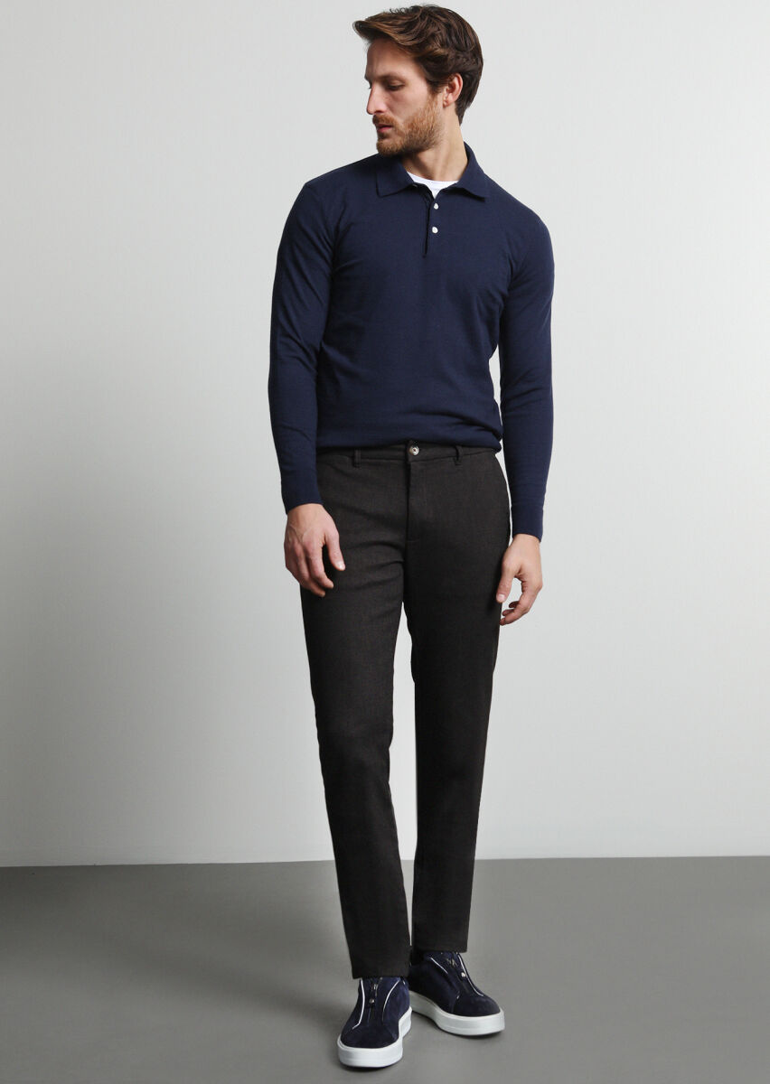 Kahverengi Desenli Dokuma Regular Fit Casual Pamuk Karışımlı Pantolon - 1