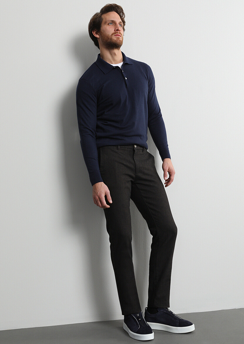 Kahverengi Desenli Dokuma Regular Fit Casual Pamuk Karışımlı Pantolon 