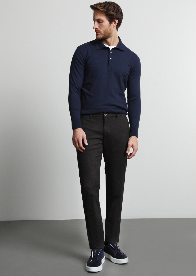 Kahverengi Desenli Dokuma Regular Fit Casual Pamuk Karışımlı Pantolon 