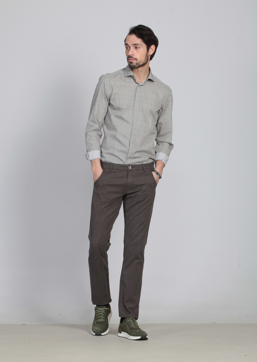 Kahverengi Desenli Dokuma Slim Fit Casual Pamuk Karışımlı Pantolon 