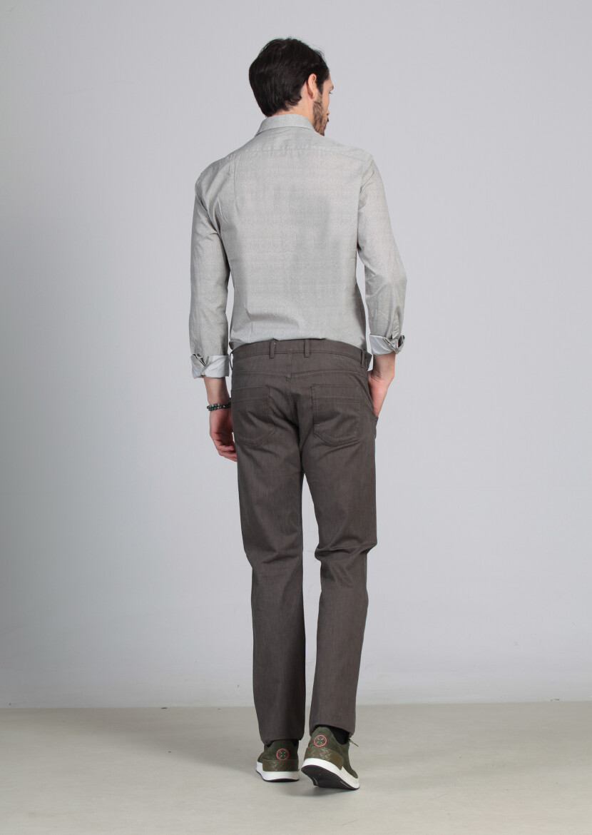 Kahverengi Desenli Dokuma Slim Fit Casual Pamuk Karışımlı Pantolon - 3