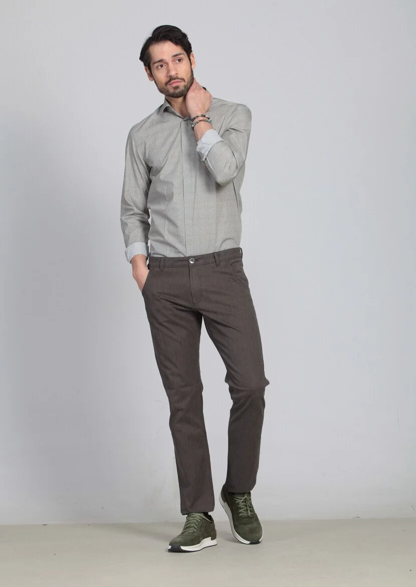 Kahverengi Desenli Dokuma Slim Fit Casual Pamuk Karışımlı Pantolon - 1