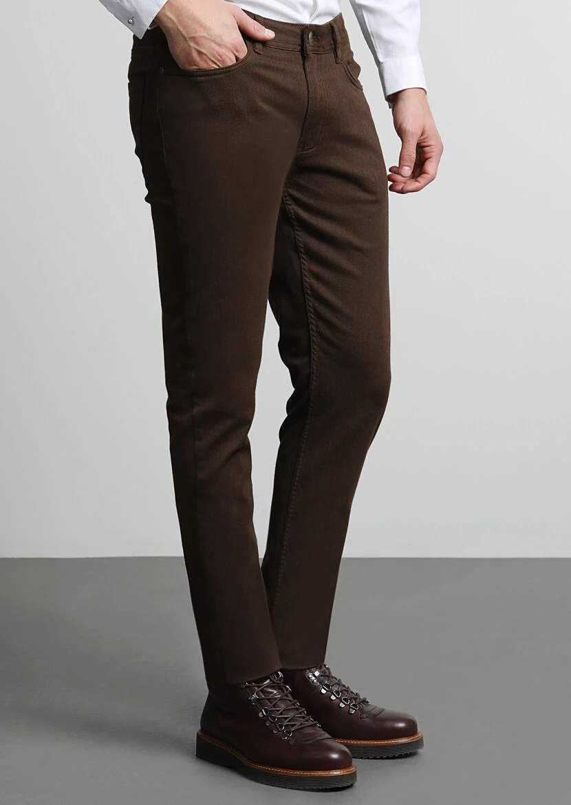 Kahverengi Desenli Dokuma Slim Fit Casual Pamuk Karışımlı Pantolon - 2