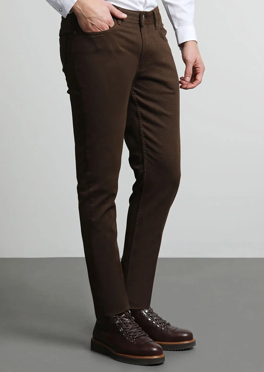 Kahverengi Desenli Dokuma Slim Fit Casual Pamuk Karışımlı Pantolon - 2