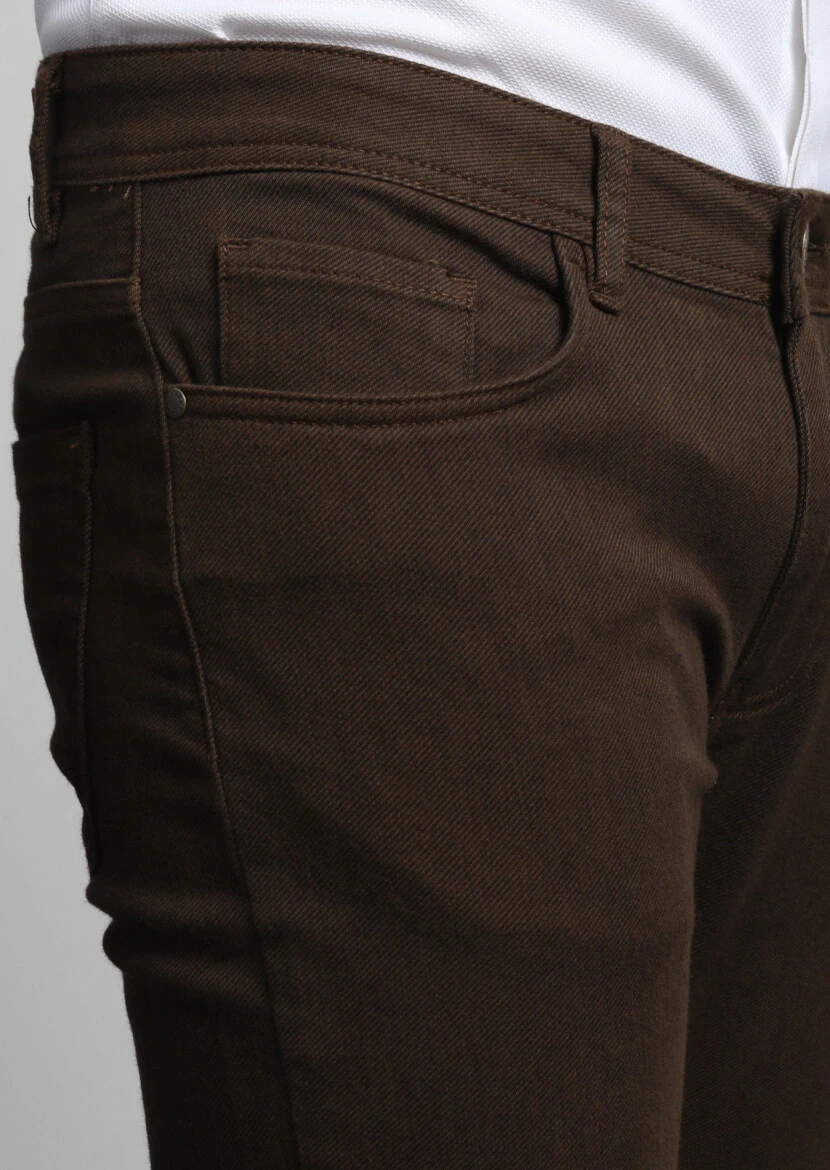 Kahverengi Desenli Dokuma Slim Fit Casual Pamuk Karışımlı Pantolon - 3