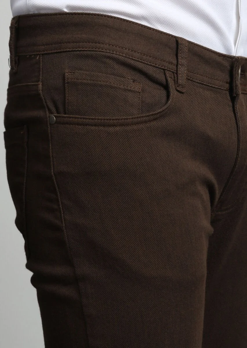 Kahverengi Desenli Dokuma Slim Fit Casual Pamuk Karışımlı Pantolon - 3