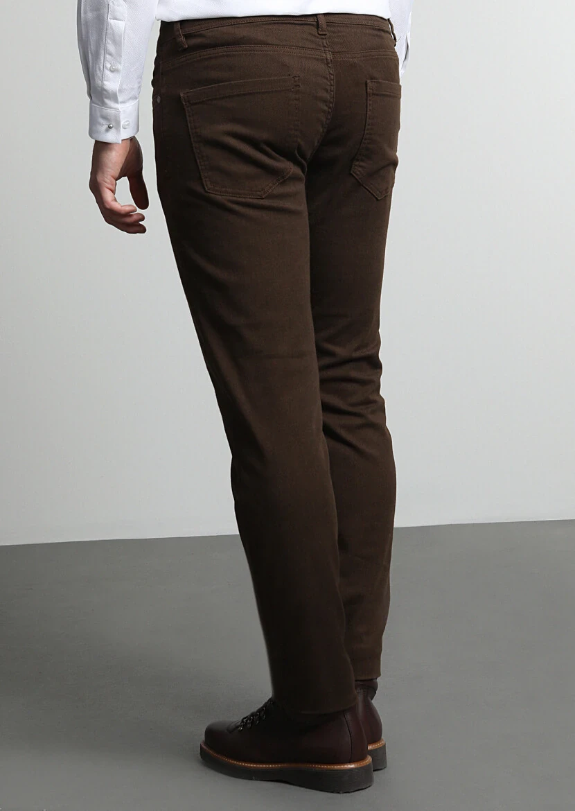 Kahverengi Desenli Dokuma Slim Fit Casual Pamuk Karışımlı Pantolon - 4