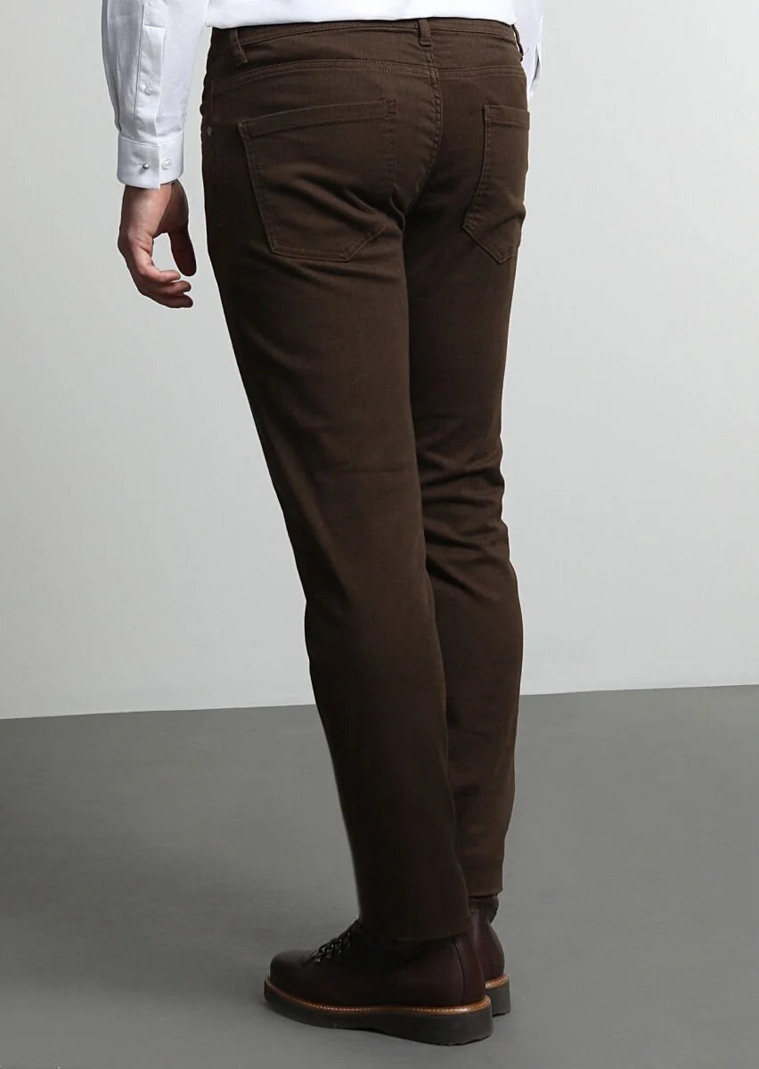 Kahverengi Desenli Dokuma Slim Fit Casual Pamuk Karışımlı Pantolon - 4