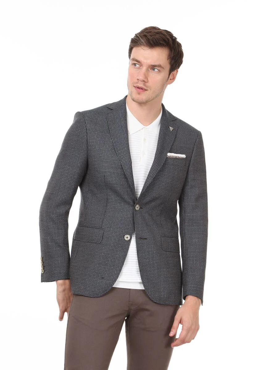 Kahverengi Desenli Modern Fit %100 Yün Ceket - 1