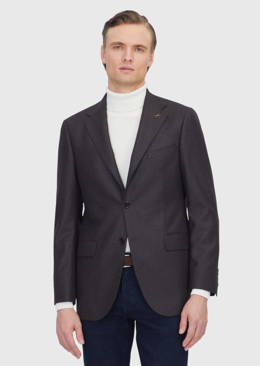 Kahverengi Desenli Regular Fit %100 Yün Ceket - 1