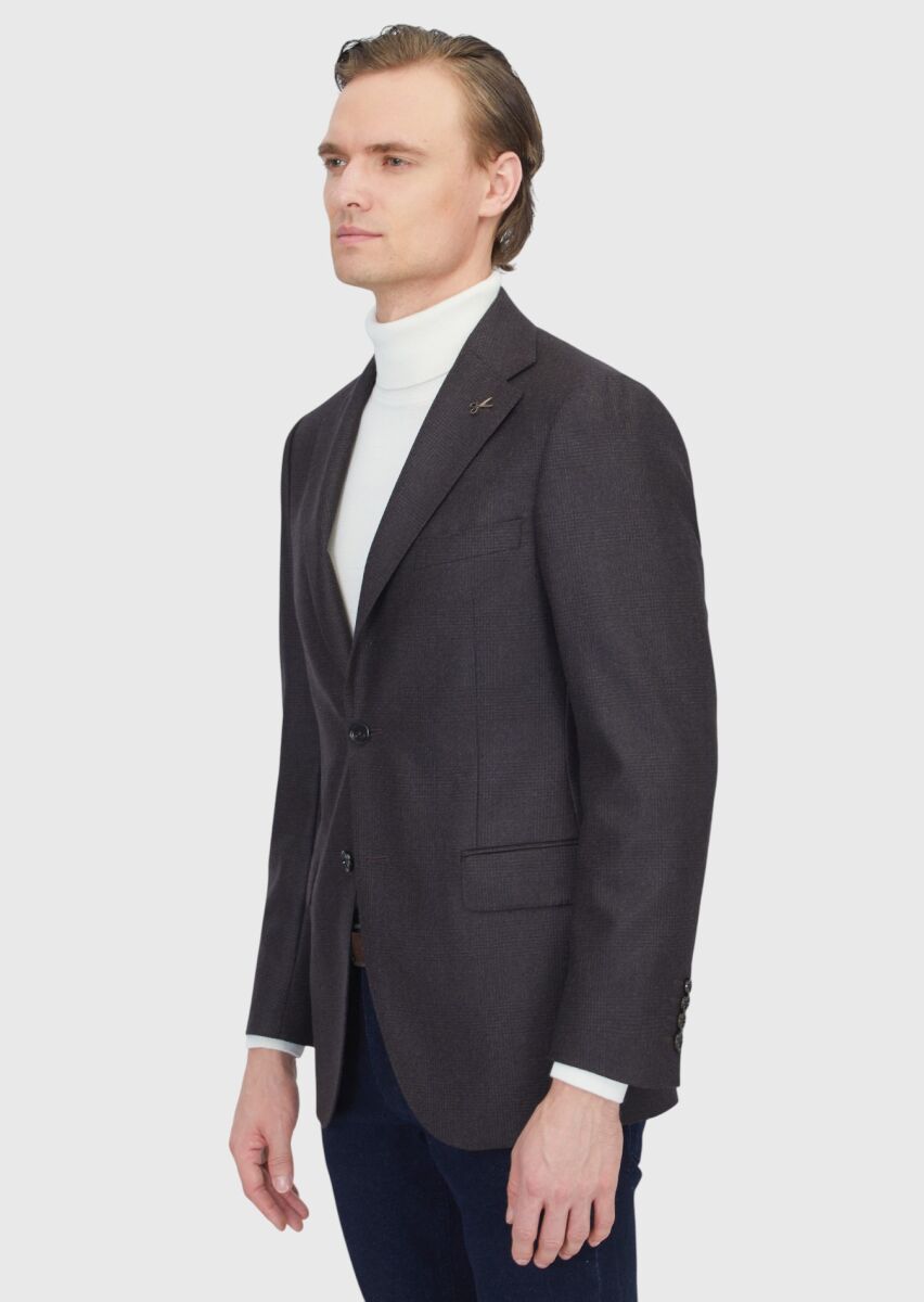 Kahverengi Desenli Regular Fit %100 Yün Ceket - 3