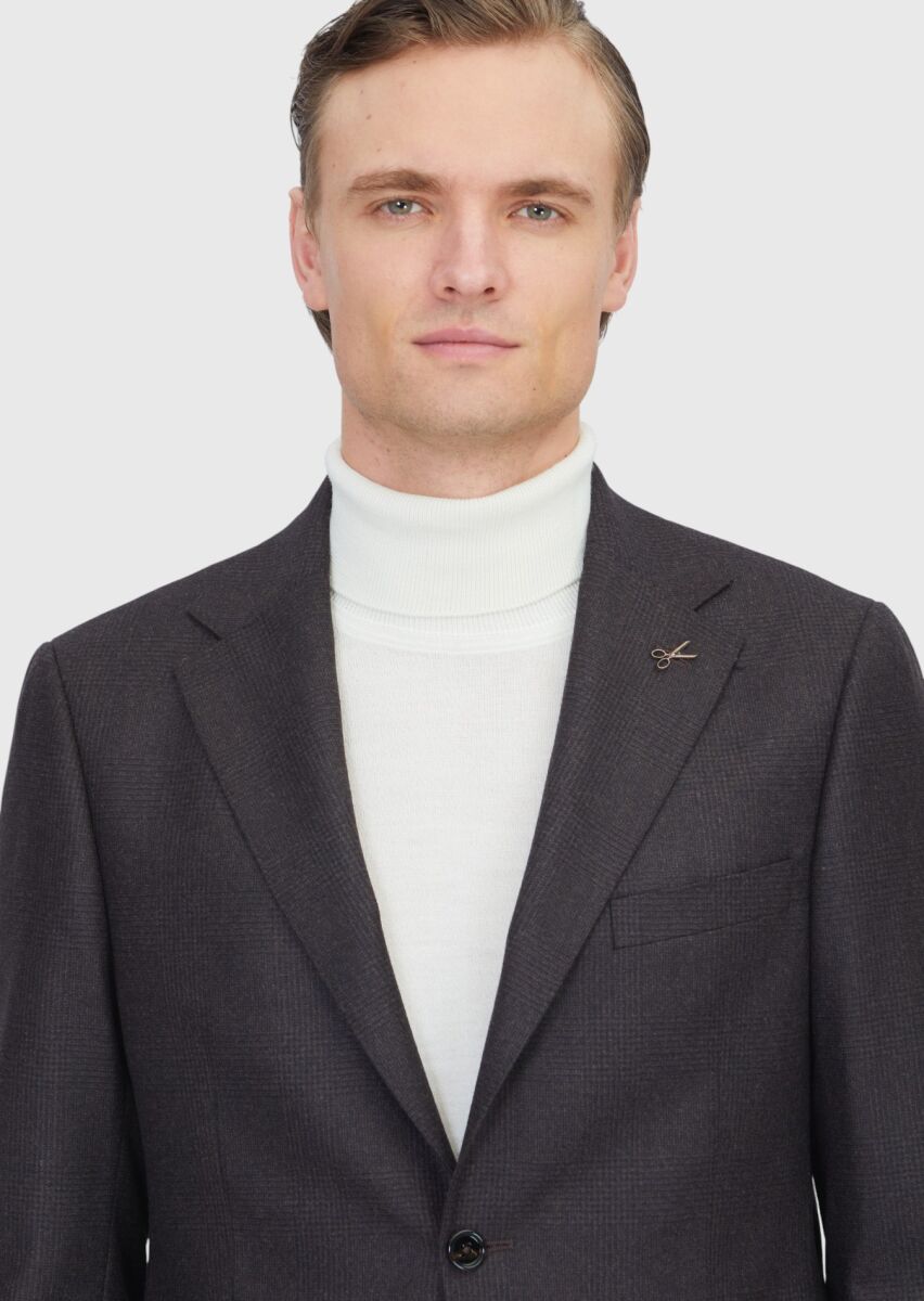 Kahverengi Desenli Regular Fit %100 Yün Ceket - 4