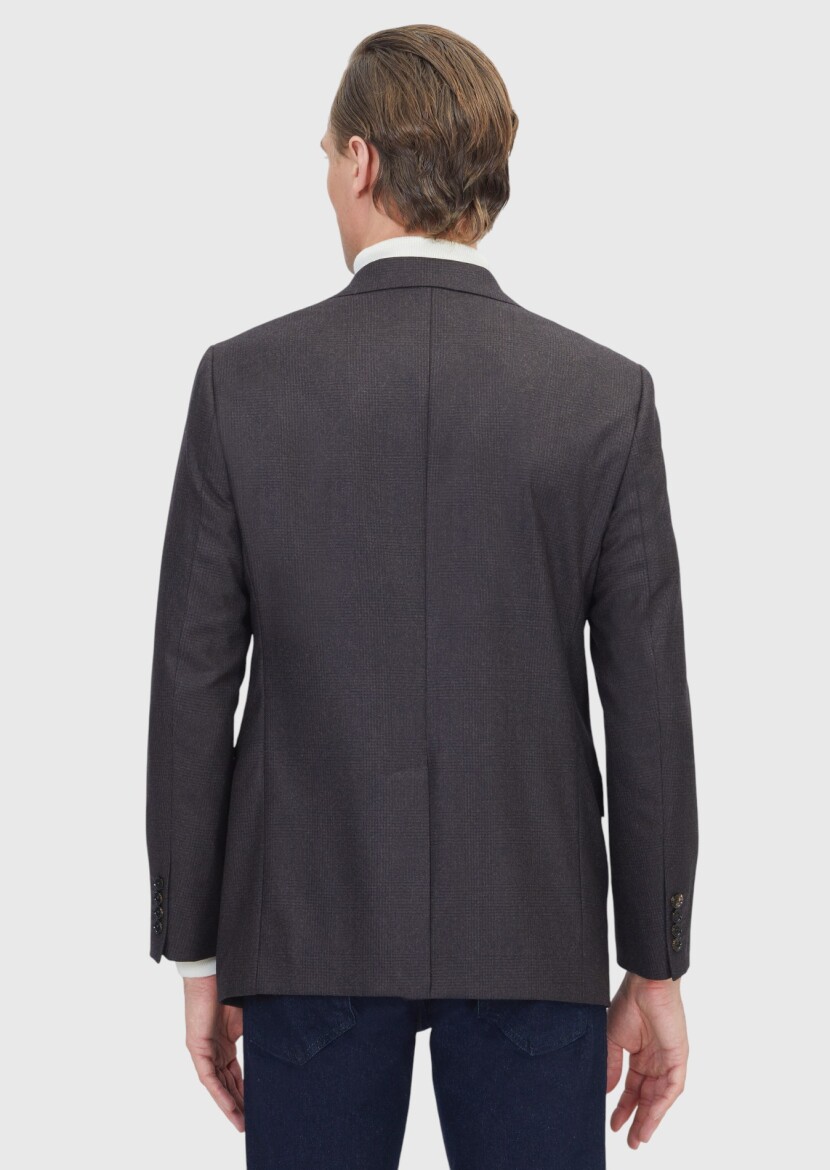 Kahverengi Desenli Regular Fit %100 Yün Ceket - 8