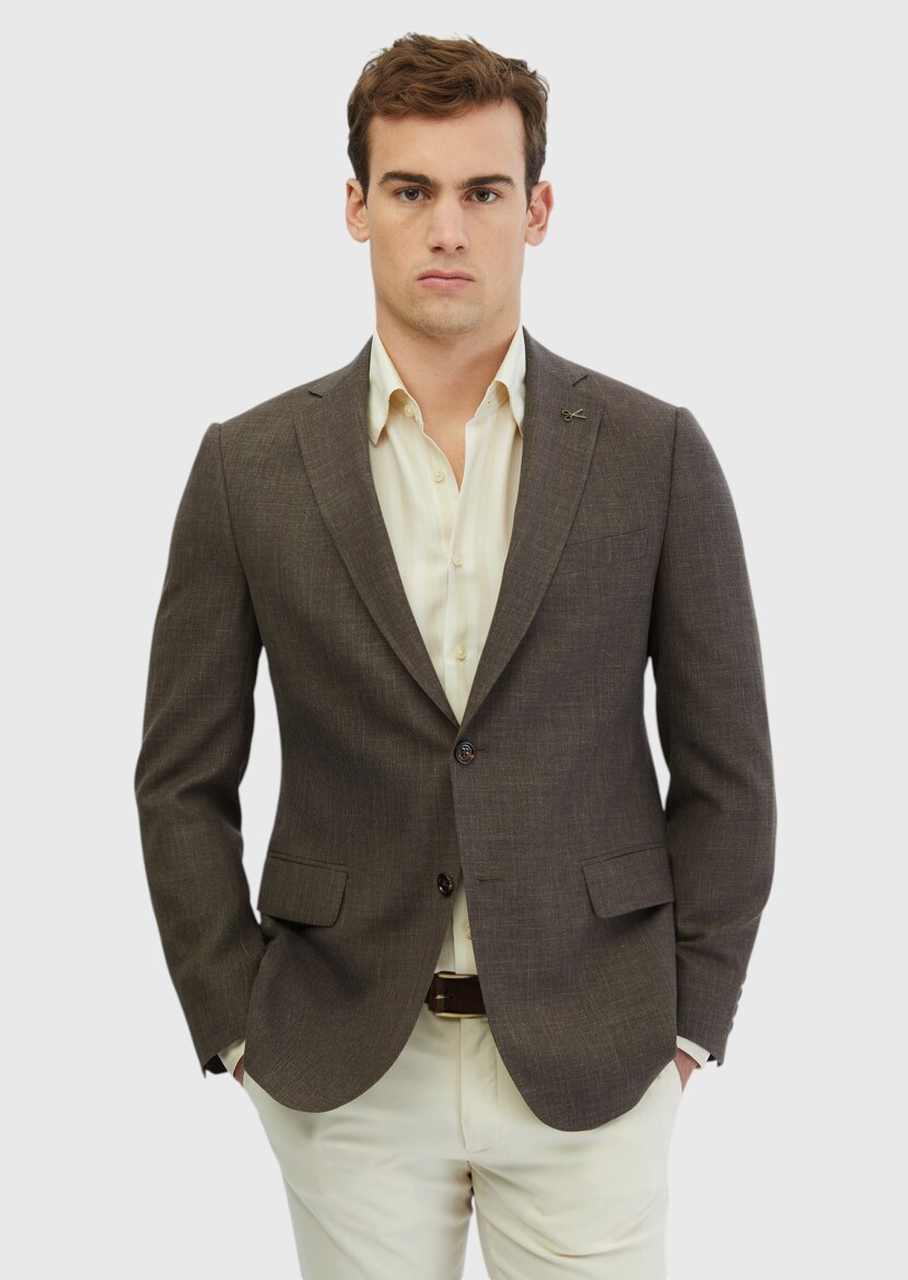 Kahverengi Desenli Regular Fit İpek Karışımlı Ceket - RAMSEY