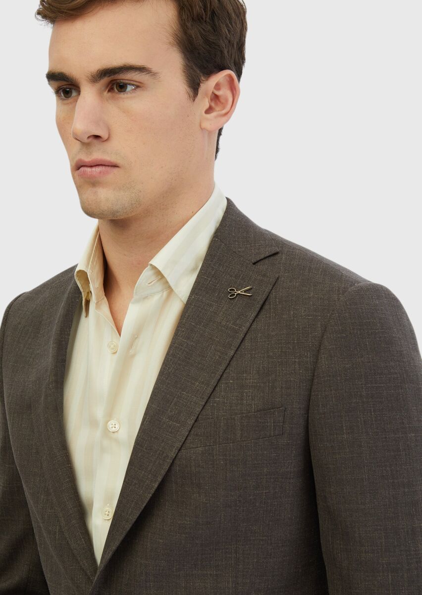 Kahverengi Desenli Regular Fit İpek Karışımlı Ceket - 3