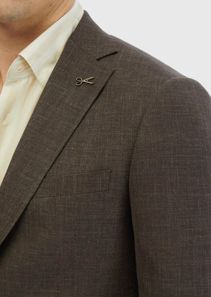 Kahverengi Desenli Regular Fit İpek Karışımlı Ceket - 4